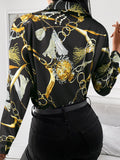 Woman's Style Collection Printed Collared Neck Long Sleeve Blouse