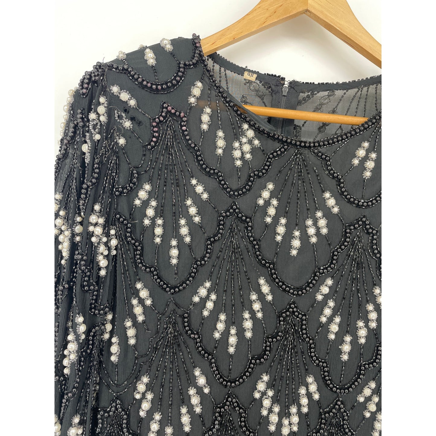 Vintage Black Embroidered Beaded Scalloped Top L