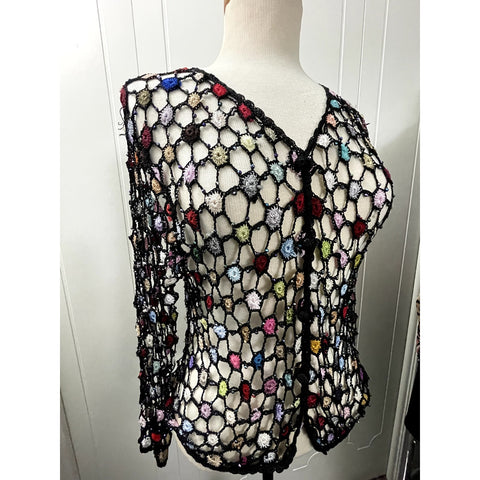 Black Vintage Retro Glam Crochet Jeweled Cardigan with Colorful details