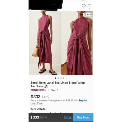 Bondi Born Organic Bulgarian Linen Burgundy Woman’s Wrap Tie Dress Made in Australia Large