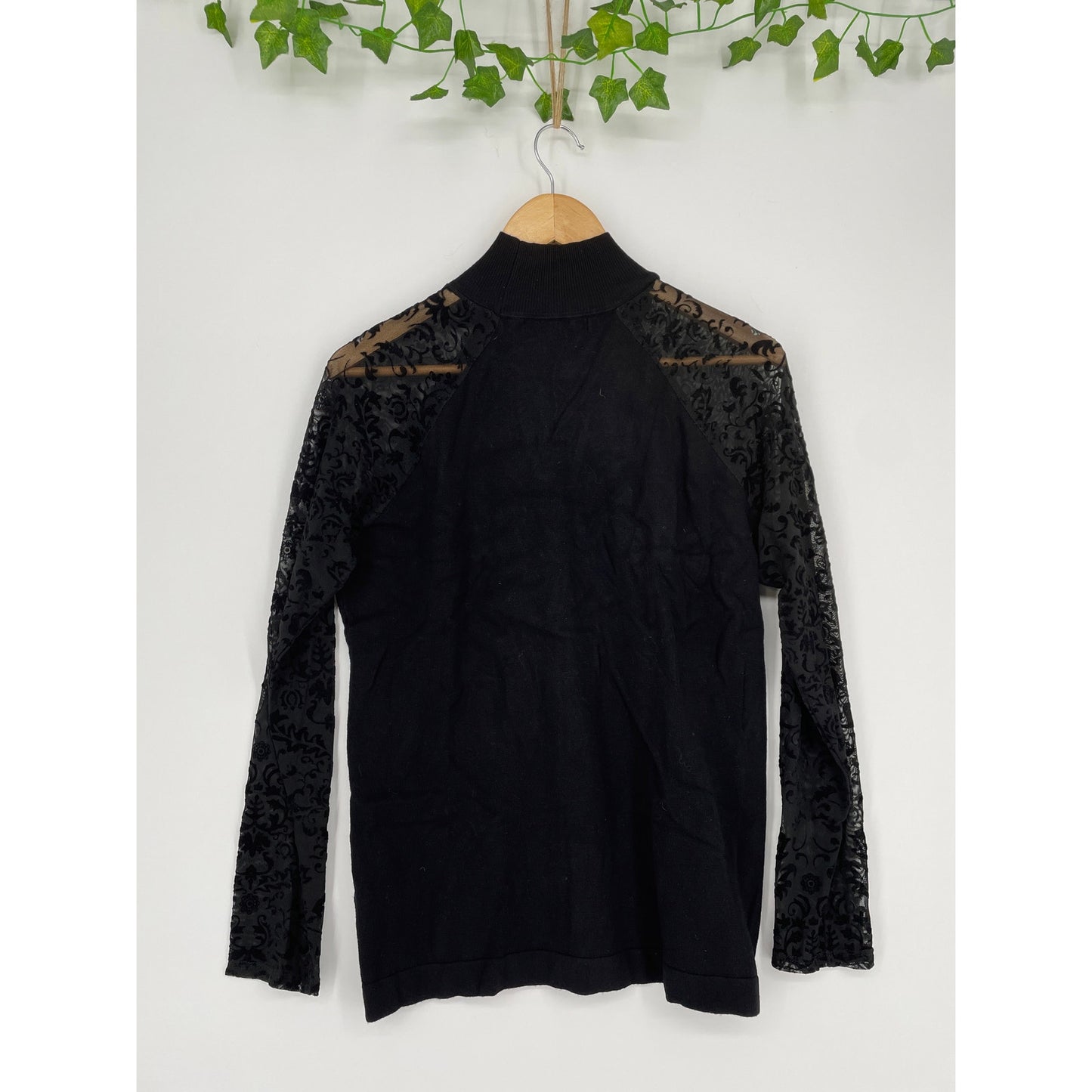 August Silk Black Top with Lace Sleeves Mock Turtleneck Blouse XLe
