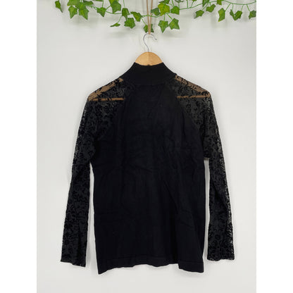 August Silk Black Top with Lace Sleeves Mock Turtleneck Blouse XLe