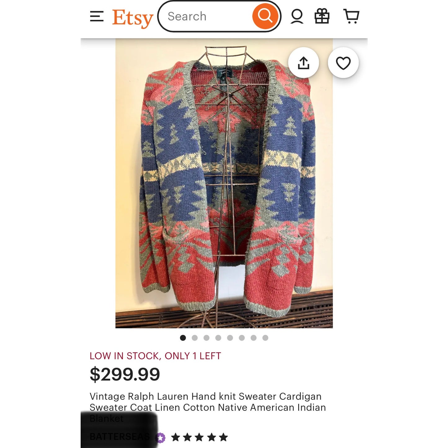 Vintage Exlcusive Hand Knit for Lauren Ralph Lauren Womans Western Aztec Open Knit Sarape Cardigan Sweater -M