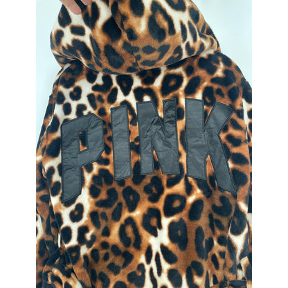 Leopard Animal Print PINK Victoria Secret Short Sherpa Hooded Robe XS