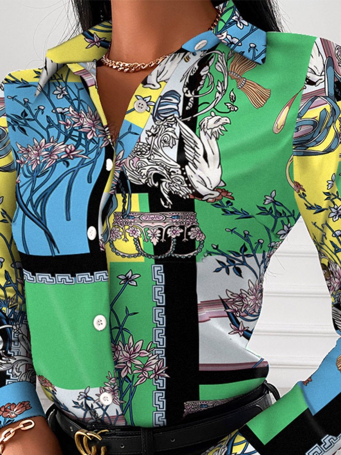 Woman's Style Collection Printed Collared Neck Long Sleeve Blouse