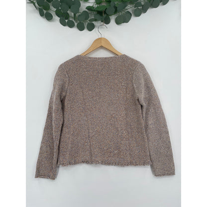 Eileen Fisher Neutral Marled Knit Sweater Bateau Neckline Fringe Hem Med