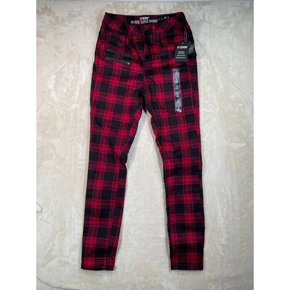 Hot Topic NWT Denim Hi Rise Super Skinny Red & Black Plaid Goth Punk Womans Pants Size 3