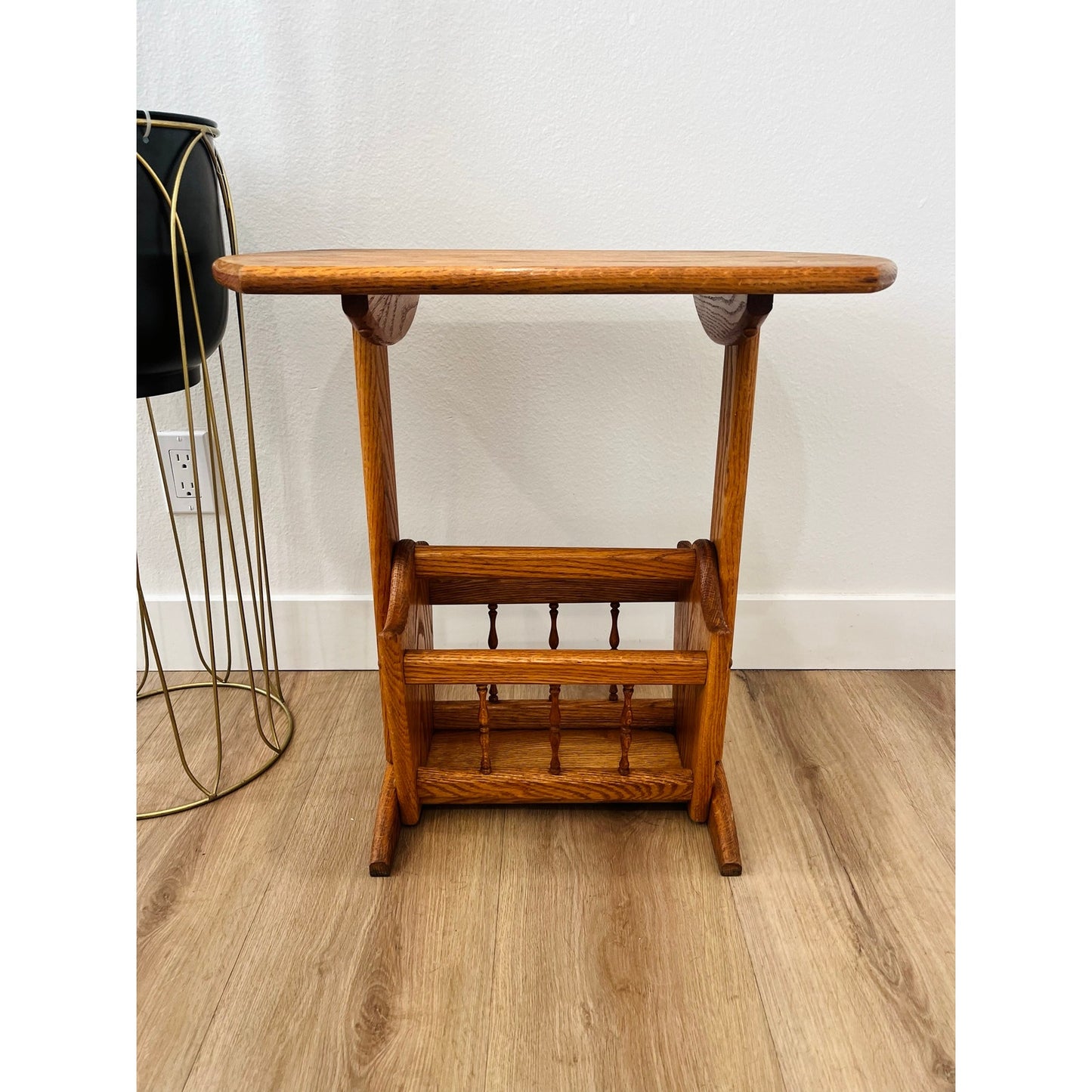 Vintage Hand Crafted Solid Oak Wood Accent Table + Magazine Rack