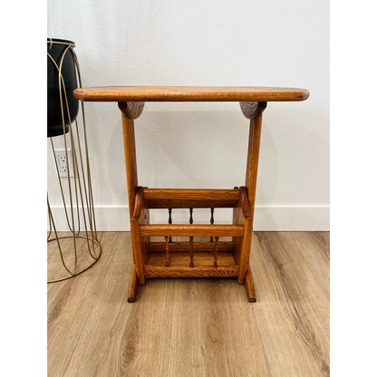 Vintage Hand Crafted Solid Oak Wood Accent Table + Magazine Rack