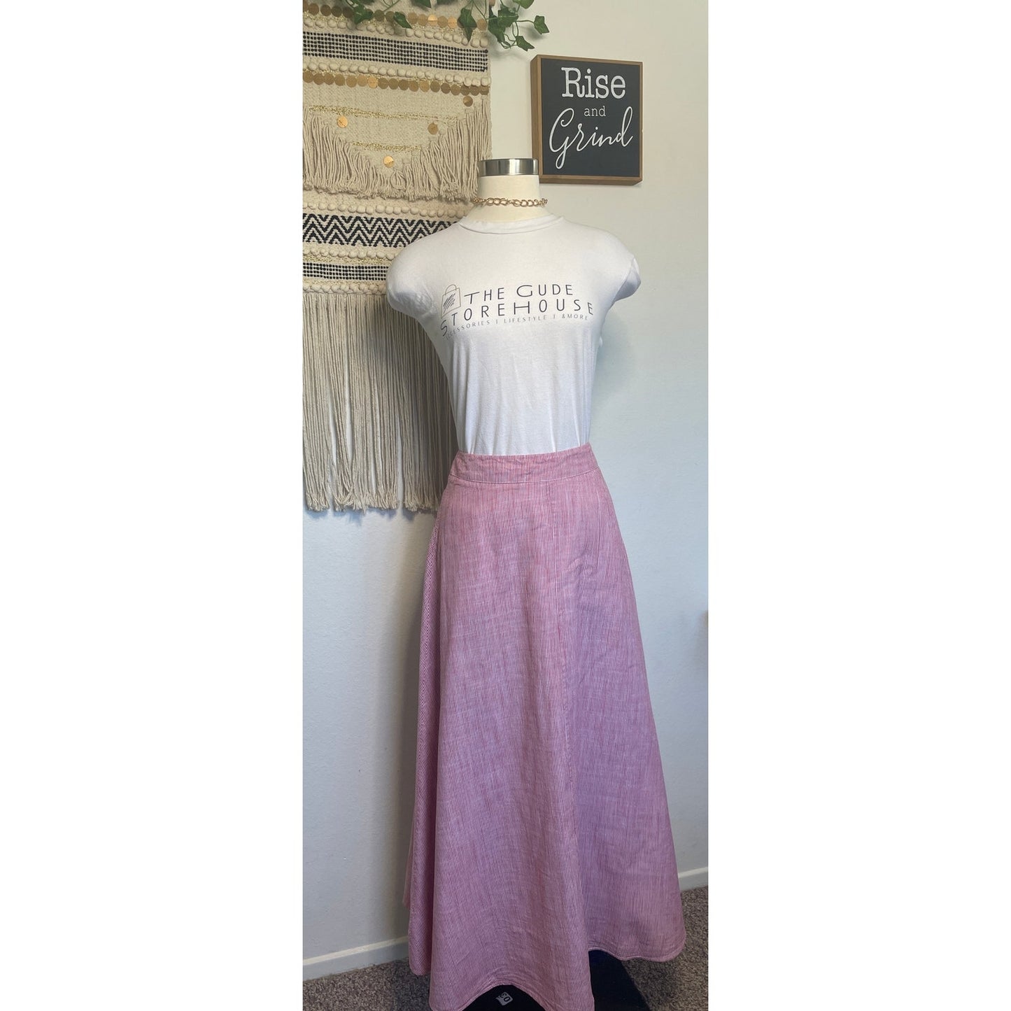 Bird & Knoll 100% Cotton Red White Pin Stripped Long Lined Maxi Skirt | M