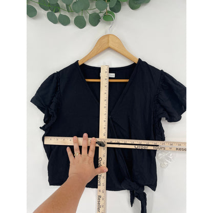 Black Casual Chic Wrap Womans Side Tie Top Flutter Sleeve Large