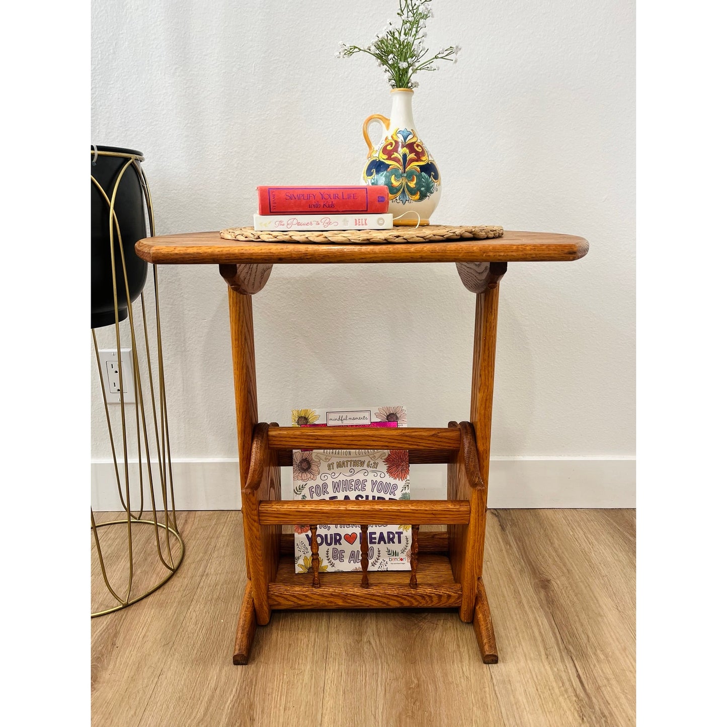 Vintage Hand Crafted Solid Oak Wood Accent Table + Magazine Rack
