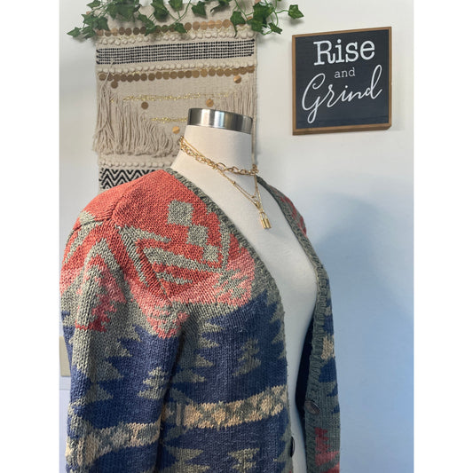 Vintage Exlcusive Hand Knit for Lauren Ralph Lauren Womans Western Aztec Open Knit Sarape Cardigan Sweater -M