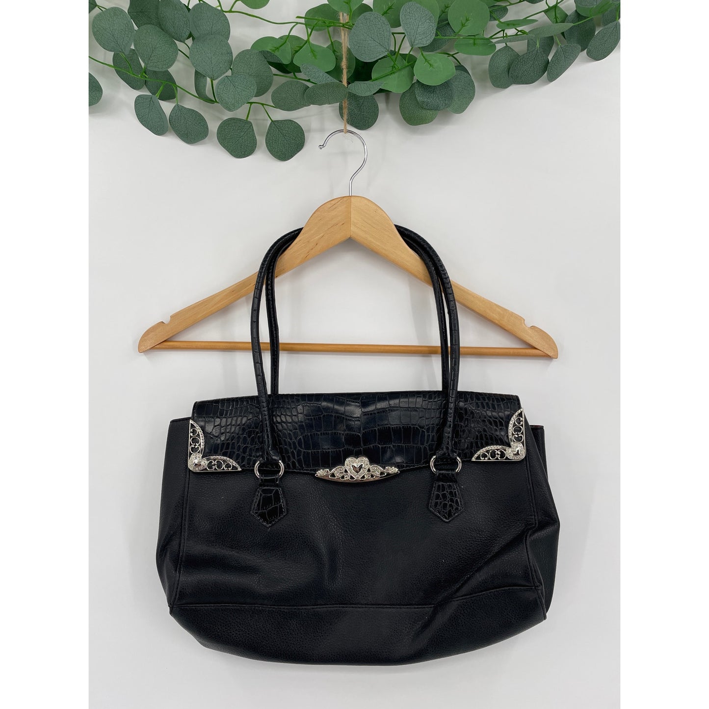 Vintage Style Black Vegan Crocodile Leather Shoulder Bag