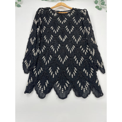 Vintage Black Embroidered Beaded Scalloped Top L