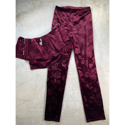 Vintage NWT Womans Dead Stock Y2k Burgundy Velour Off the Shoulder Crop Top Pant Set L