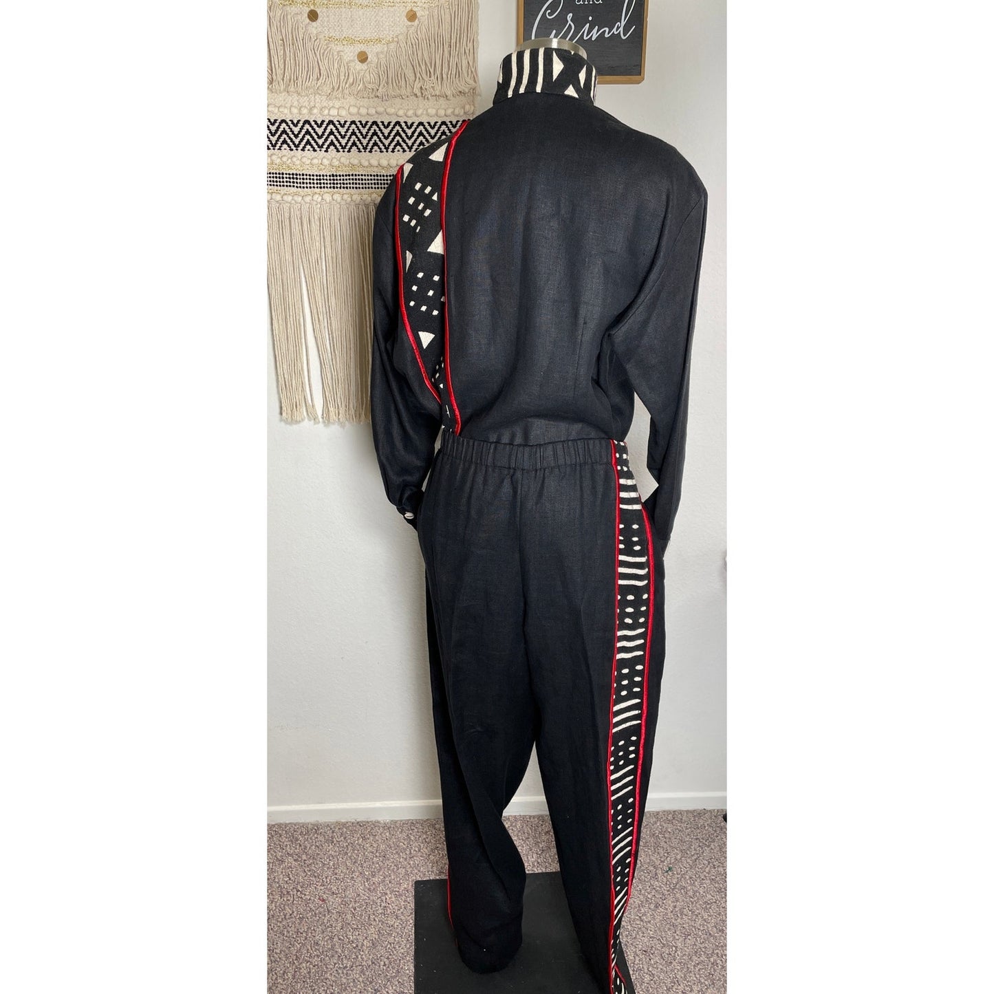 Unisex Vintage NIA Linen Cotton Black and Red Tribal Ethnic Shirt & Pant Set Suit M