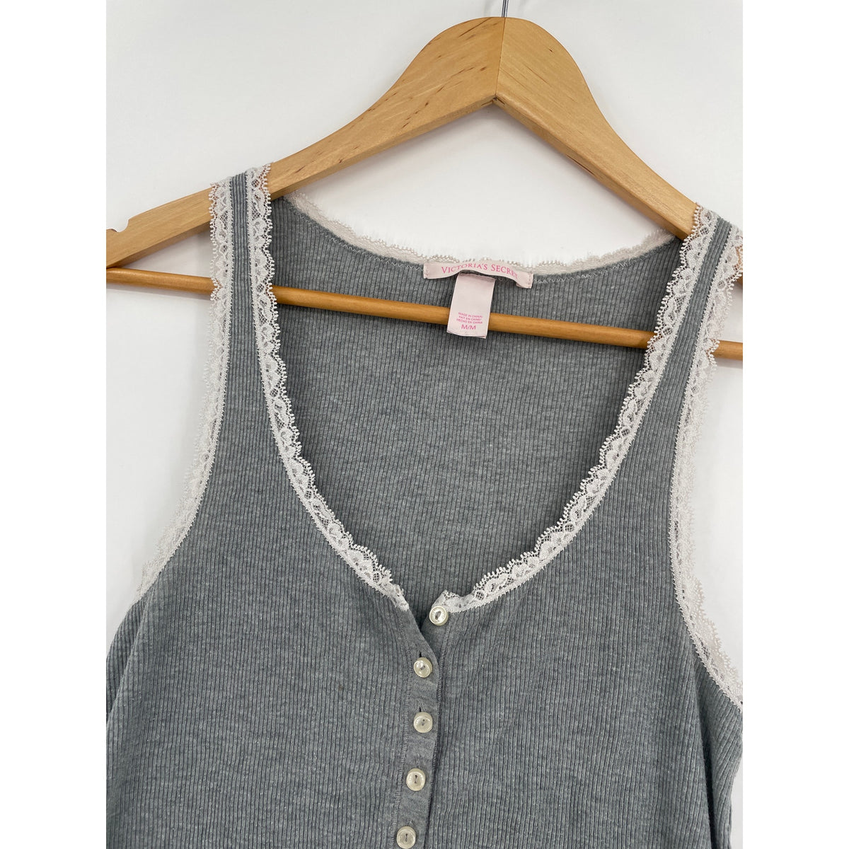 Victoria Secret Lace Trim Coquette Y2K Soft Girl Grey Ribbed Tank Med