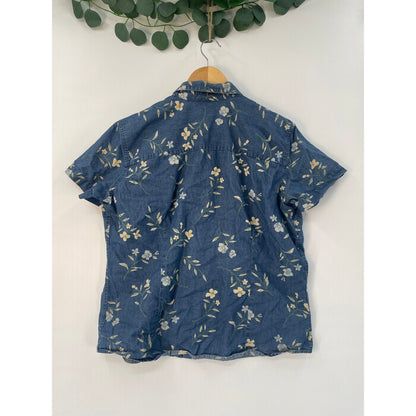 Liz Claiborne Lizwear Jeans Denim Blue 100% Cotton Floral Button Up Size L