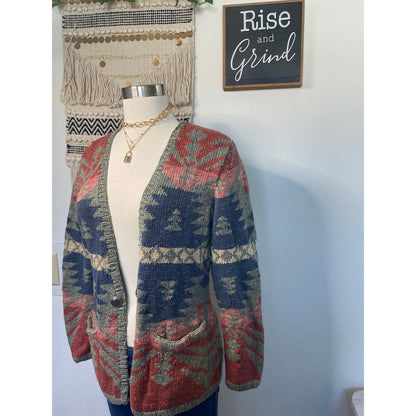 Vintage Exlcusive Hand Knit for Lauren Ralph Lauren Womans Western Aztec Open Knit Sarape Cardigan Sweater -M