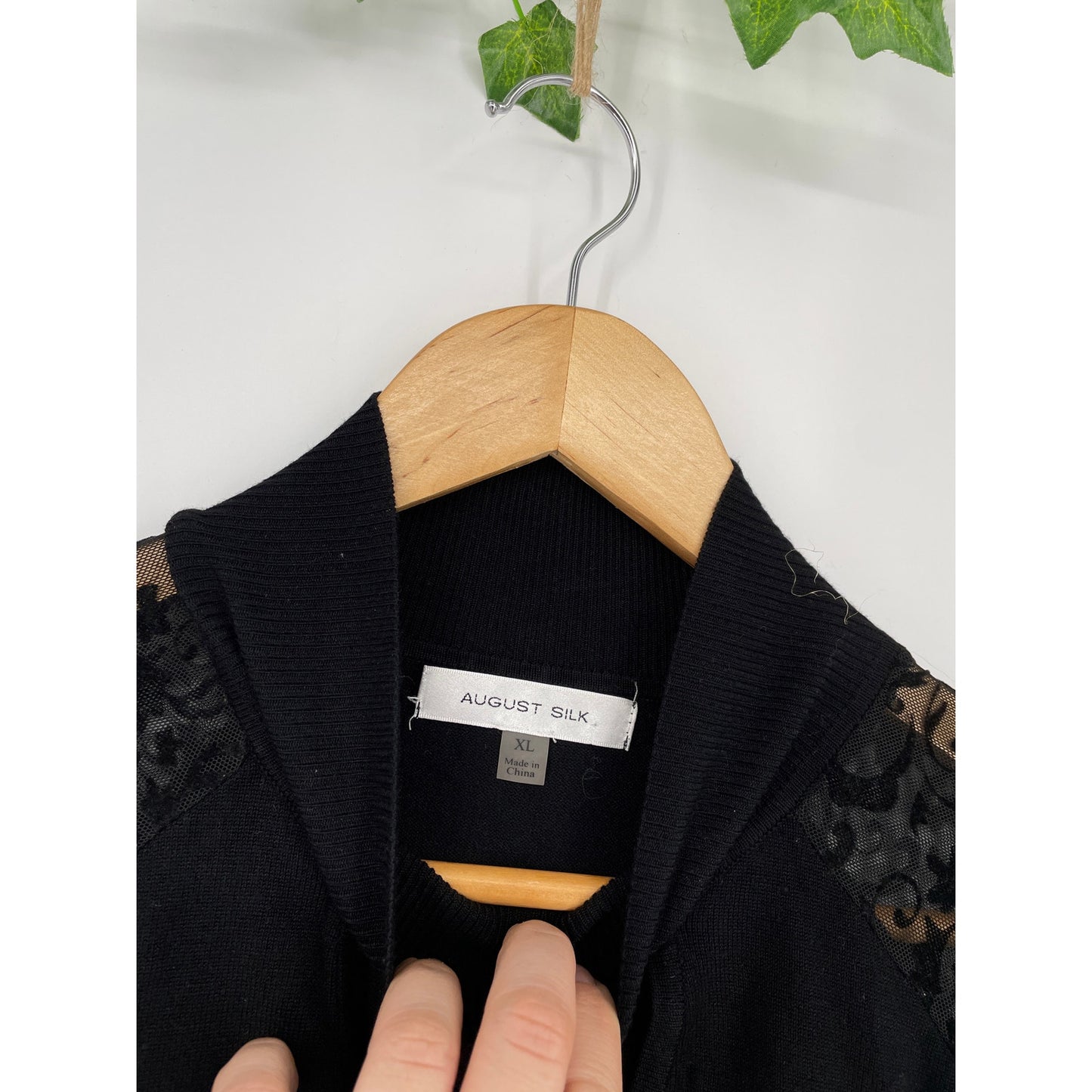 August Silk Black Top with Lace Sleeves Mock Turtleneck Blouse XLe