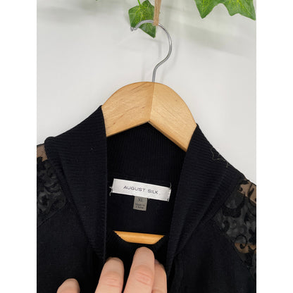 August Silk Black Top with Lace Sleeves Mock Turtleneck Blouse XLe