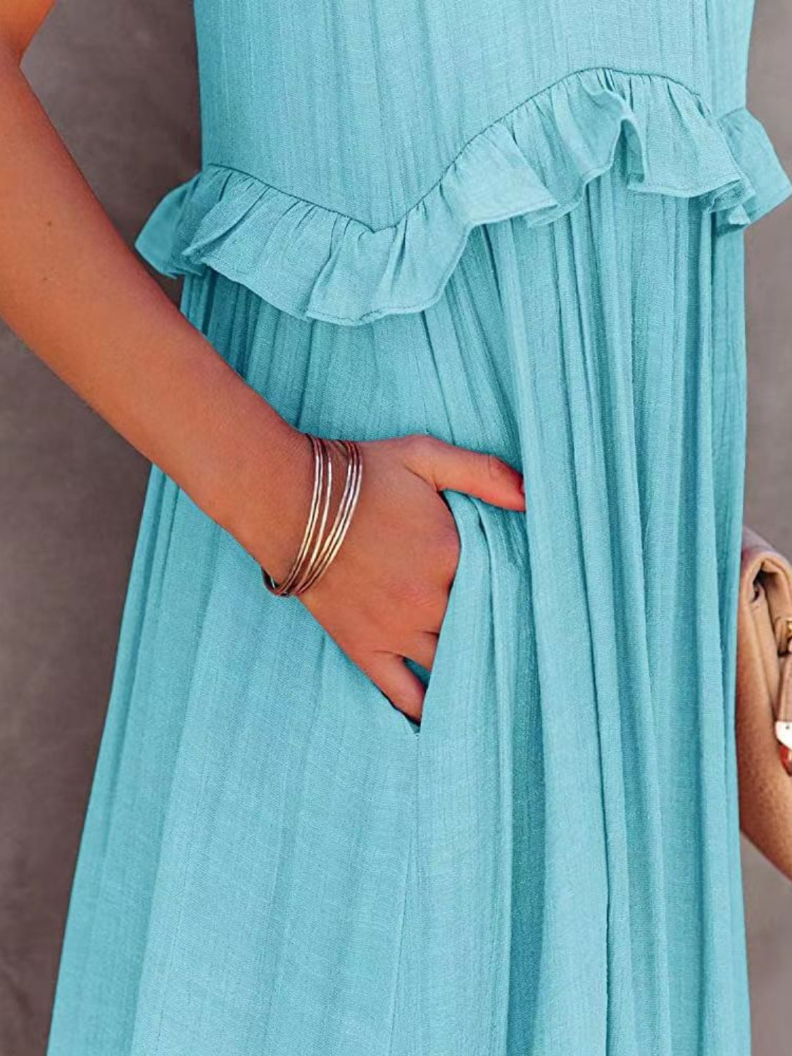 Woman's Style Collection Ruffled Sleeveless Tiered Maxi Dress with Pockets