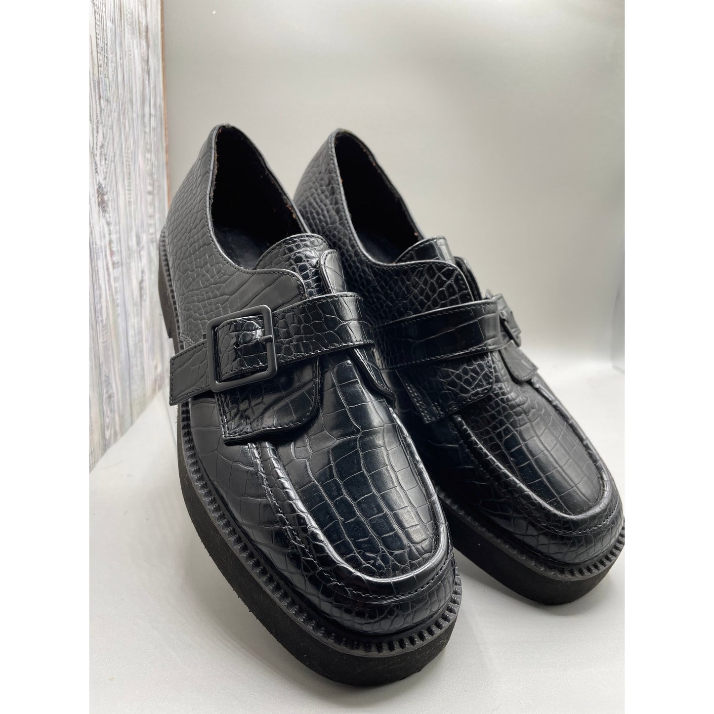 Asos Design Macaroon Flatform Monk Shoes Black Crocodile Woman’s Chunky Loafer 9