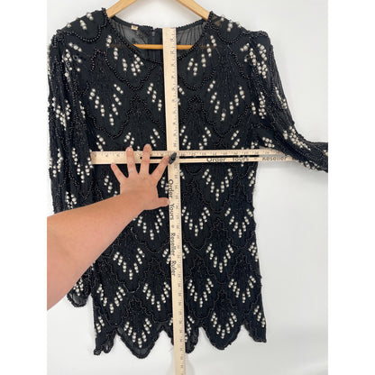 Vintage Black Embroidered Beaded Scalloped Top L