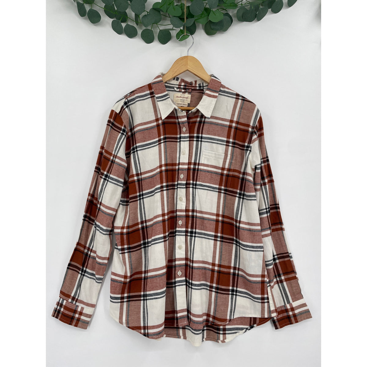 Weatherproof Womans Vintage Brown Plaid Flannel Comfort Stretch Button-Up Shirt XL