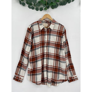 Weatherproof Womans Vintage Brown Plaid Flannel Comfort Stretch Button-Up Shirt XL