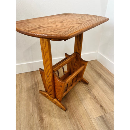 Vintage Hand Crafted Solid Oak Wood Accent Table + Magazine Rack