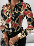 Woman's Style Collection Printed Collared Neck Long Sleeve Blouse