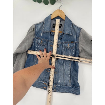 Lucky Brand Distressed 100% Cotton Denim Jacket with Grey Sweater Sleeves Small