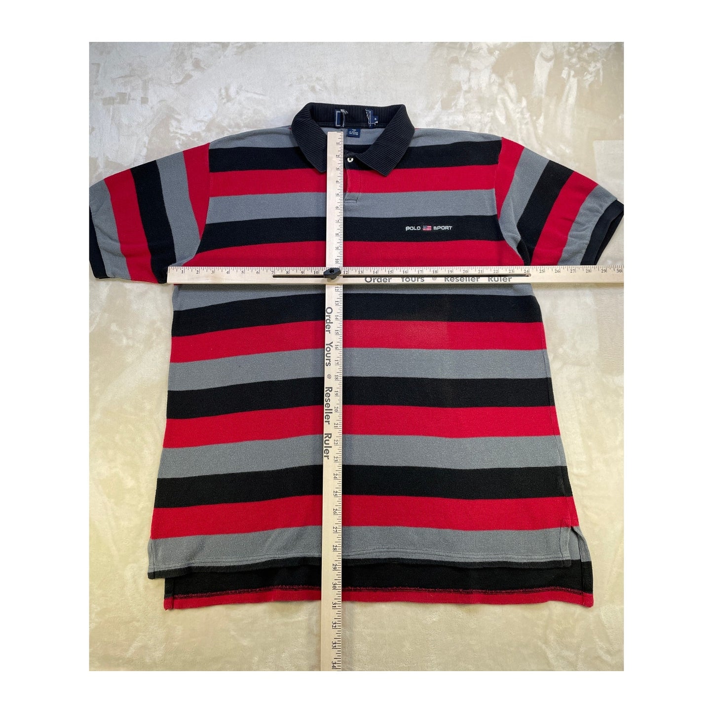 Vintage Red Grey & Black Stripped Mens Polo Short XL