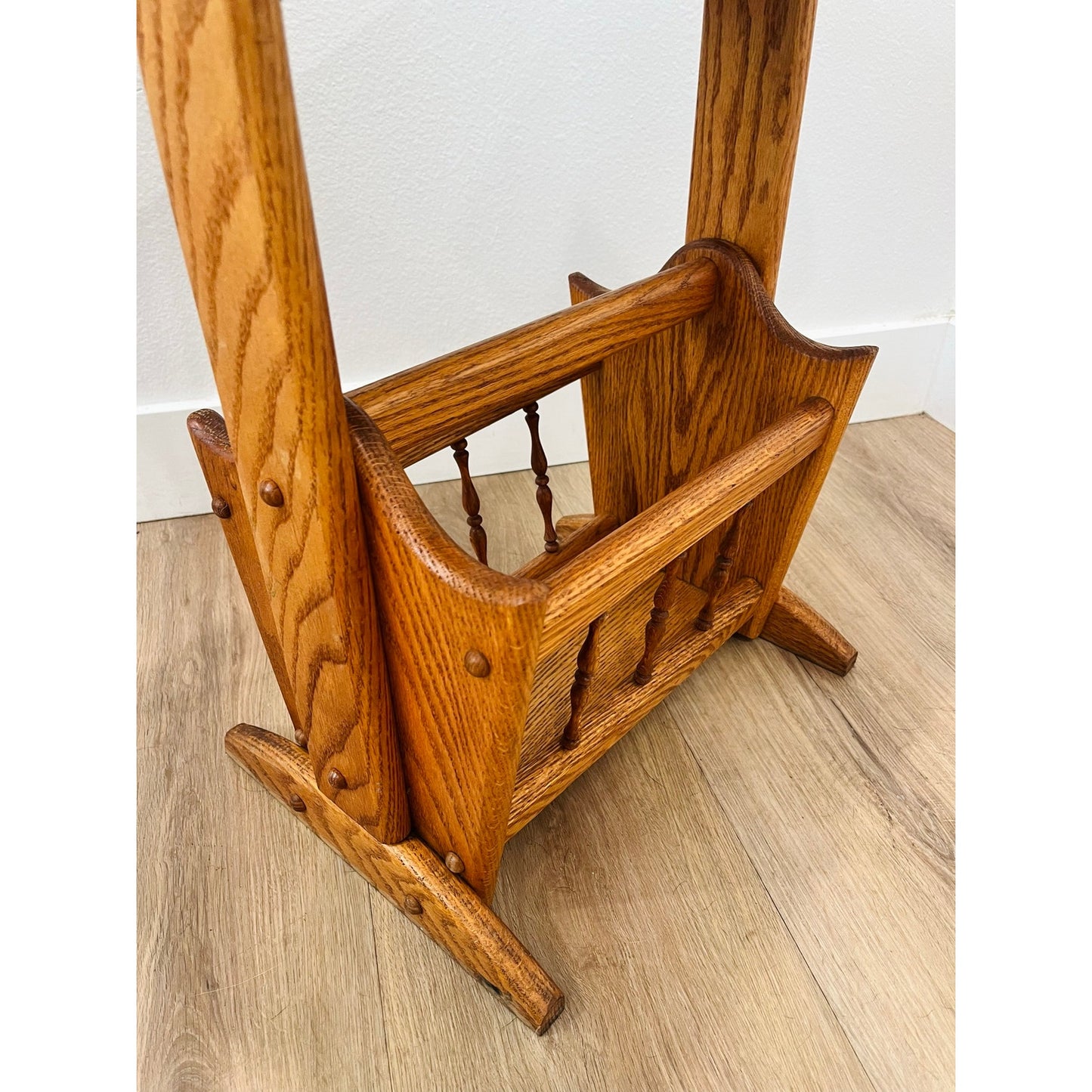 Vintage Hand Crafted Solid Oak Wood Accent Table + Magazine Rack