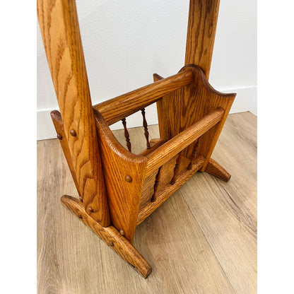 Vintage Hand Crafted Solid Oak Wood Accent Table + Magazine Rack