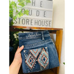 Zenim Denim Western Clear Stones Embroidered Back Pockets Slight Flared Mid Rise Jeans SZ 14