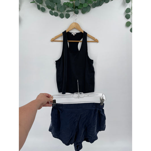 Lunya %100 Silk Pajama Set Black Tank and Navy Shorts XS
