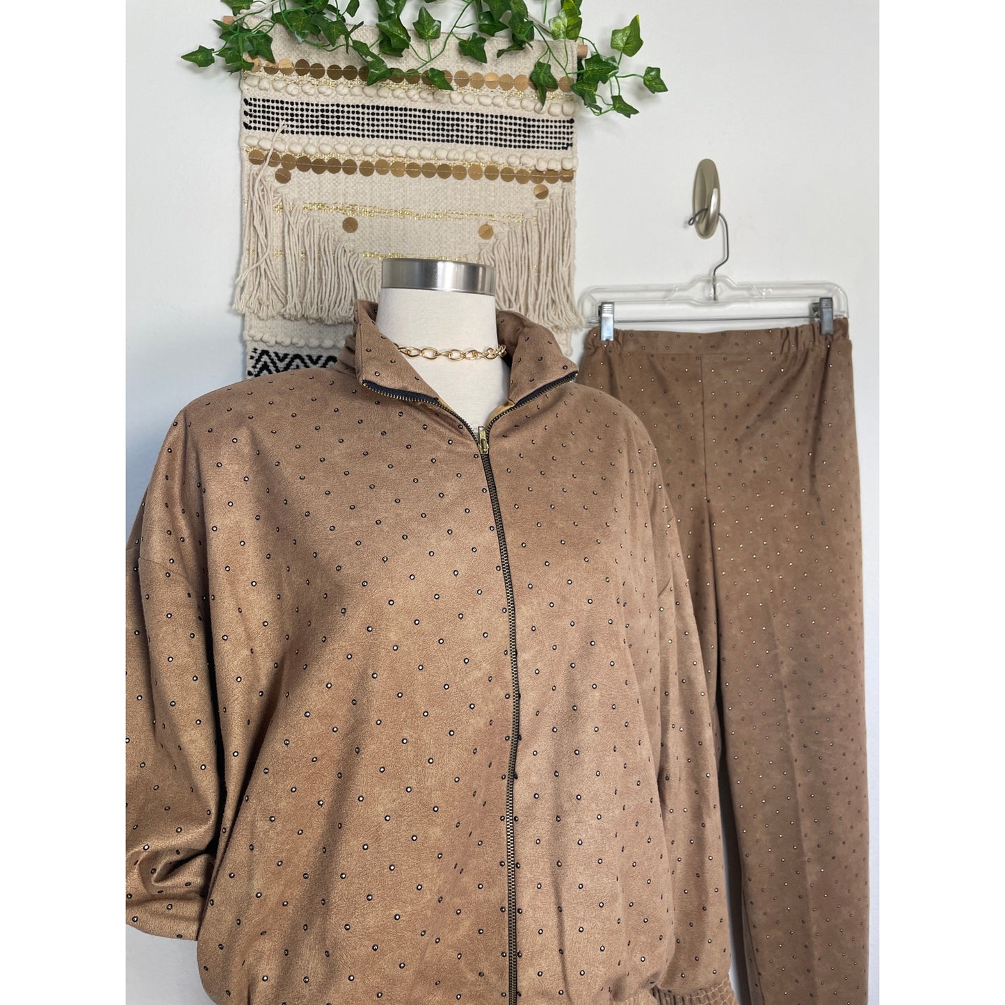 Vintage Caramel Studded Set Satin Lined Bomber Jacket Stretch Pant Suit M