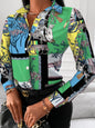 Woman's Style Collection Printed Collared Neck Long Sleeve Blouse