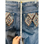 Zenim Denim Western Clear Stones Embroidered Back Pockets Slight Flared Mid Rise Jeans SZ 14