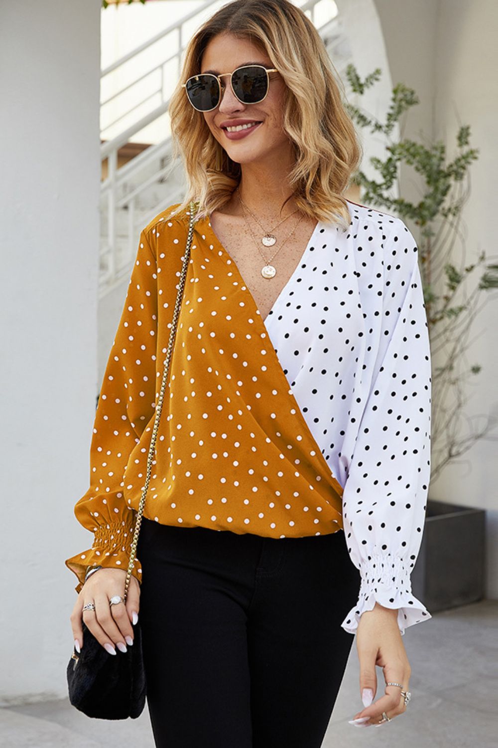 Woman's Style Collection Polka Dot Surplice Neck Lantern Sleeve Blouse
