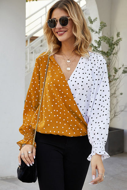 Woman's Style Collection Polka Dot Surplice Neck Lantern Sleeve Blouse