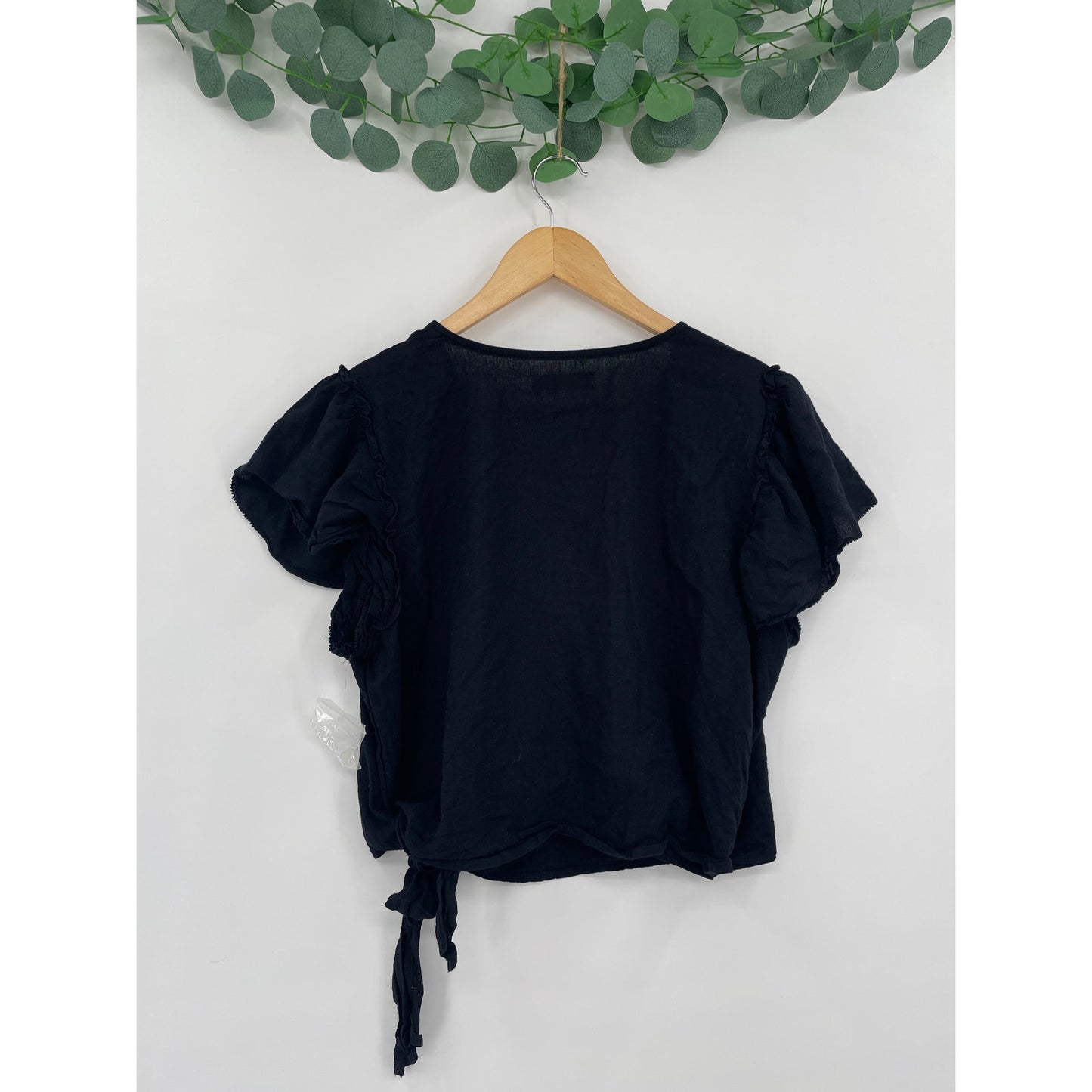 Black Casual Chic Wrap Womans Side Tie Top Flutter Sleeve Large