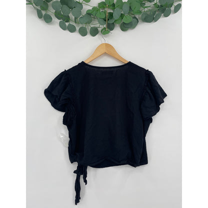 Black Casual Chic Wrap Womans Side Tie Top Flutter Sleeve Large