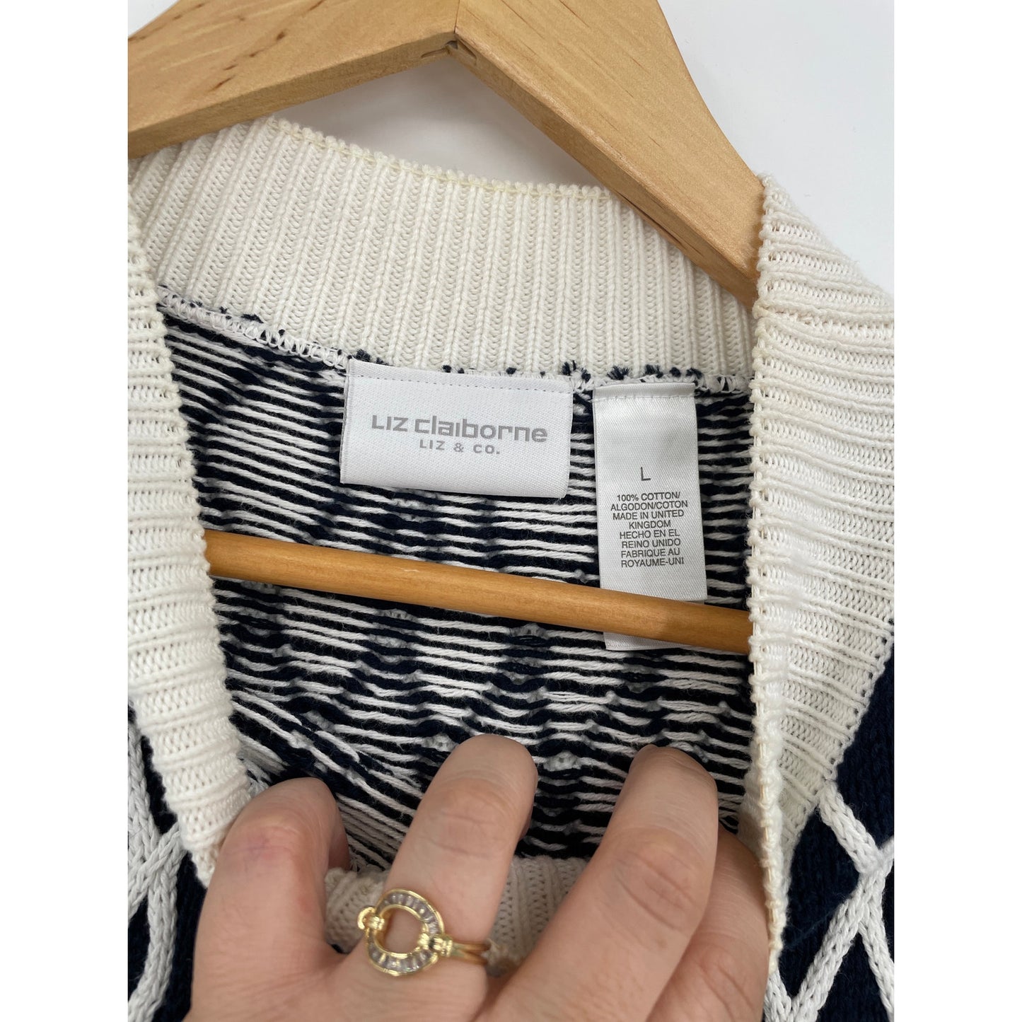 Liz Claiborne Liz & Co Vtg  Cream Knit Short Turtle Neck Cotton Made In UK  L