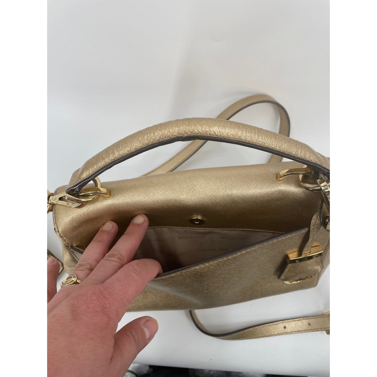 Michael Kors Metalic Gold Small Ava Satchel Crossbody Saffiano Leather Handbag