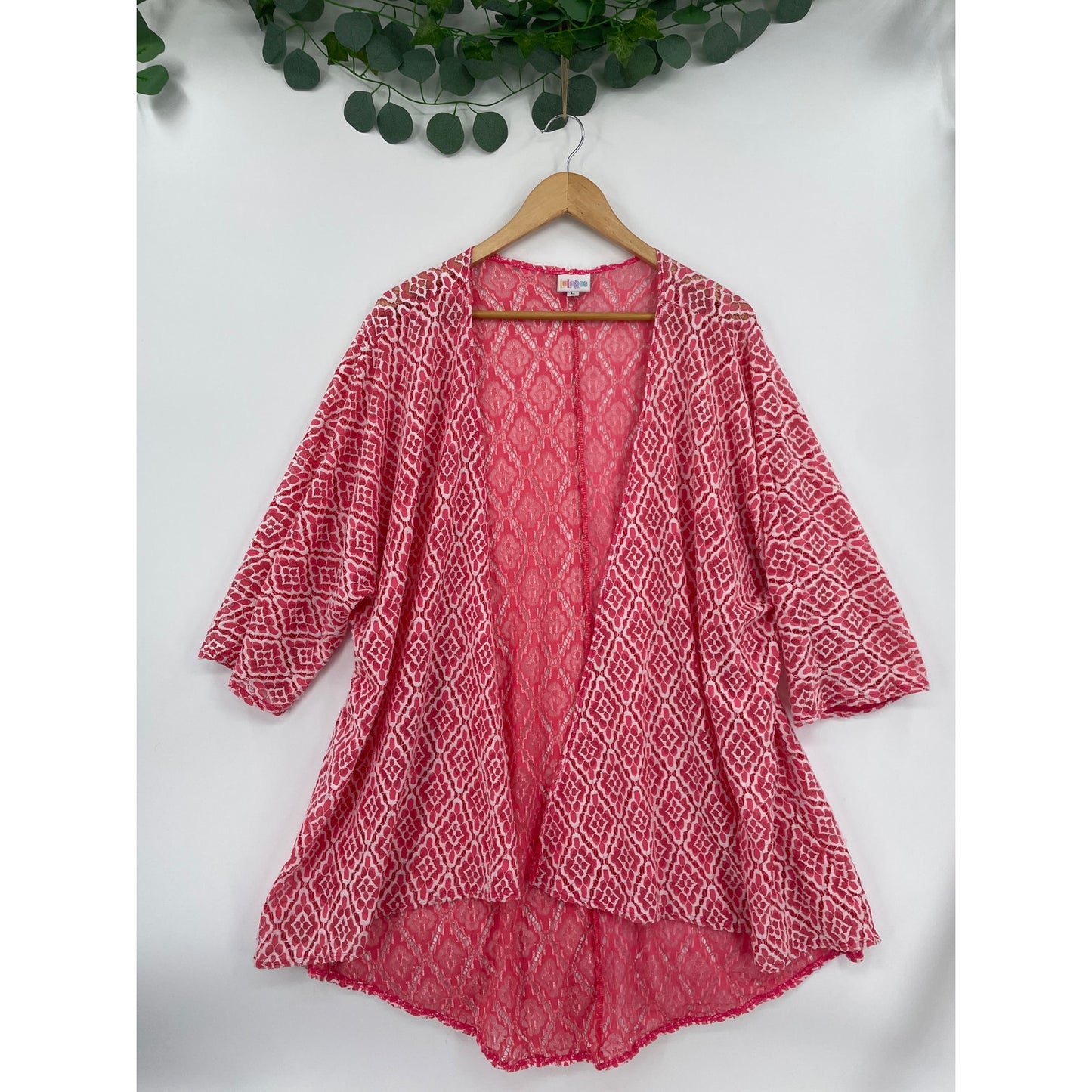LulaRoe Womans Coral Pink White Lace Style Kimono Duster Coverup Large