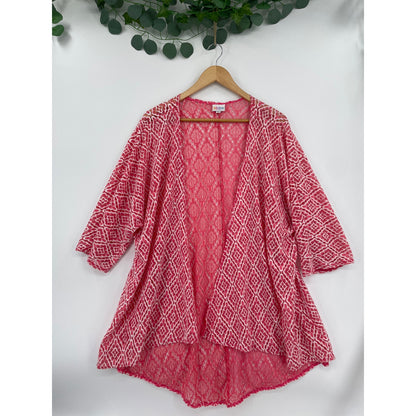 LulaRoe Womans Coral Pink White Lace Style Kimono Duster Coverup Large